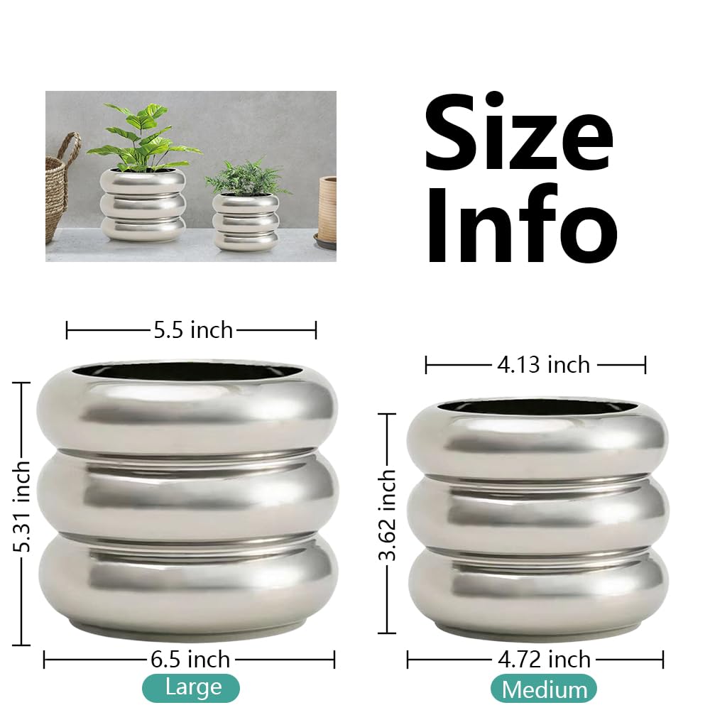 2-teiliges modernes Keramik-Pflanzgefäß, 16,5/11,9 cm silberfarbenes Pflanztopf-Set aus 2 einzigartigen Pflanzgefäßen für drinnen und draußen mit Drainagelöchern, Heim- und Bürodekoration
