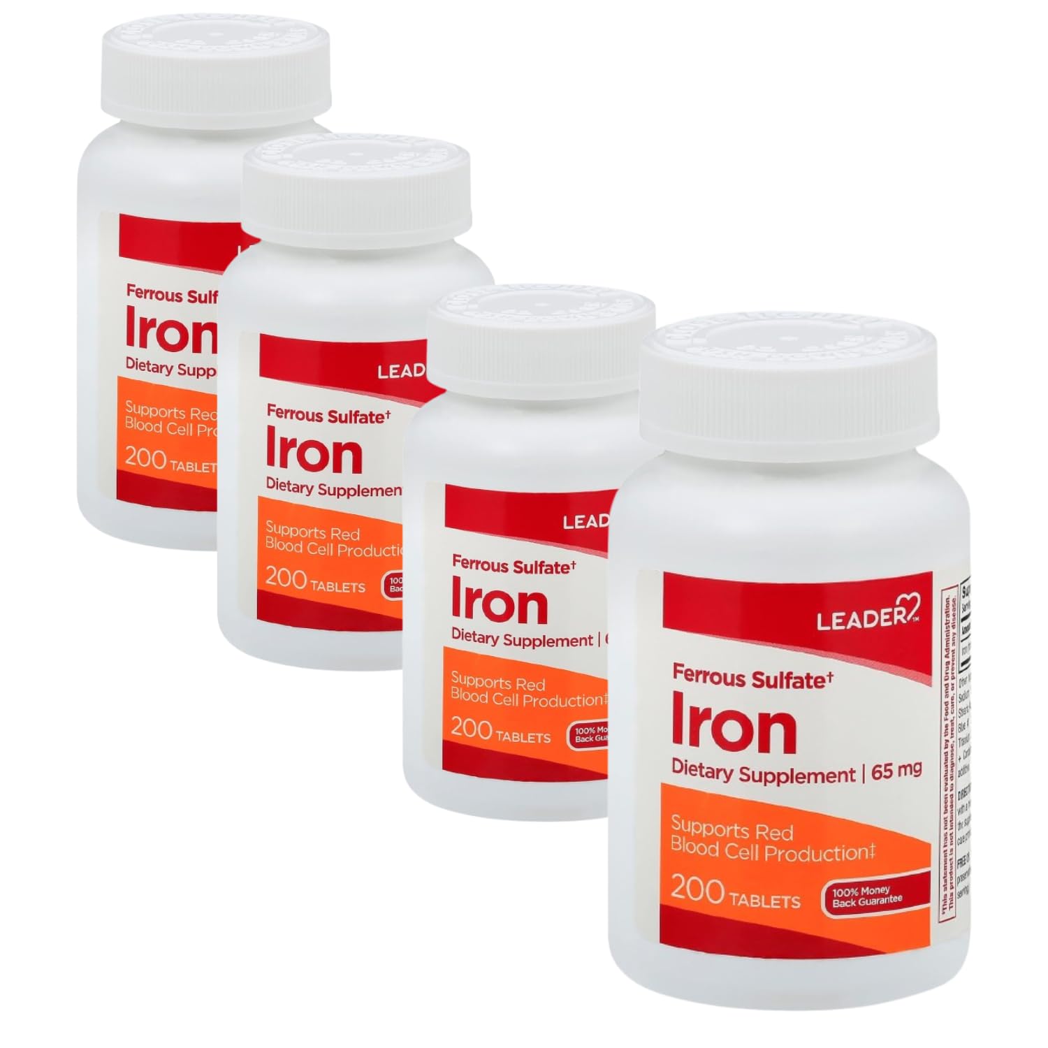 Leader Ferrous Sulfate 65MG Tablets 200 Ct. Iron Supplement for Energy & Vitality
