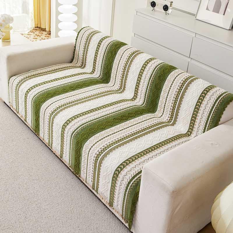 Image of HOMETHREADS Chenille Bohemian Boho Style Sofa Cover | Thick & Soft Luxury Slipcover | Protective, Washable & Stylish Couch Cover for Living Room Decor. (Boho Line Green, 1 Seater Large | 90x180cm)