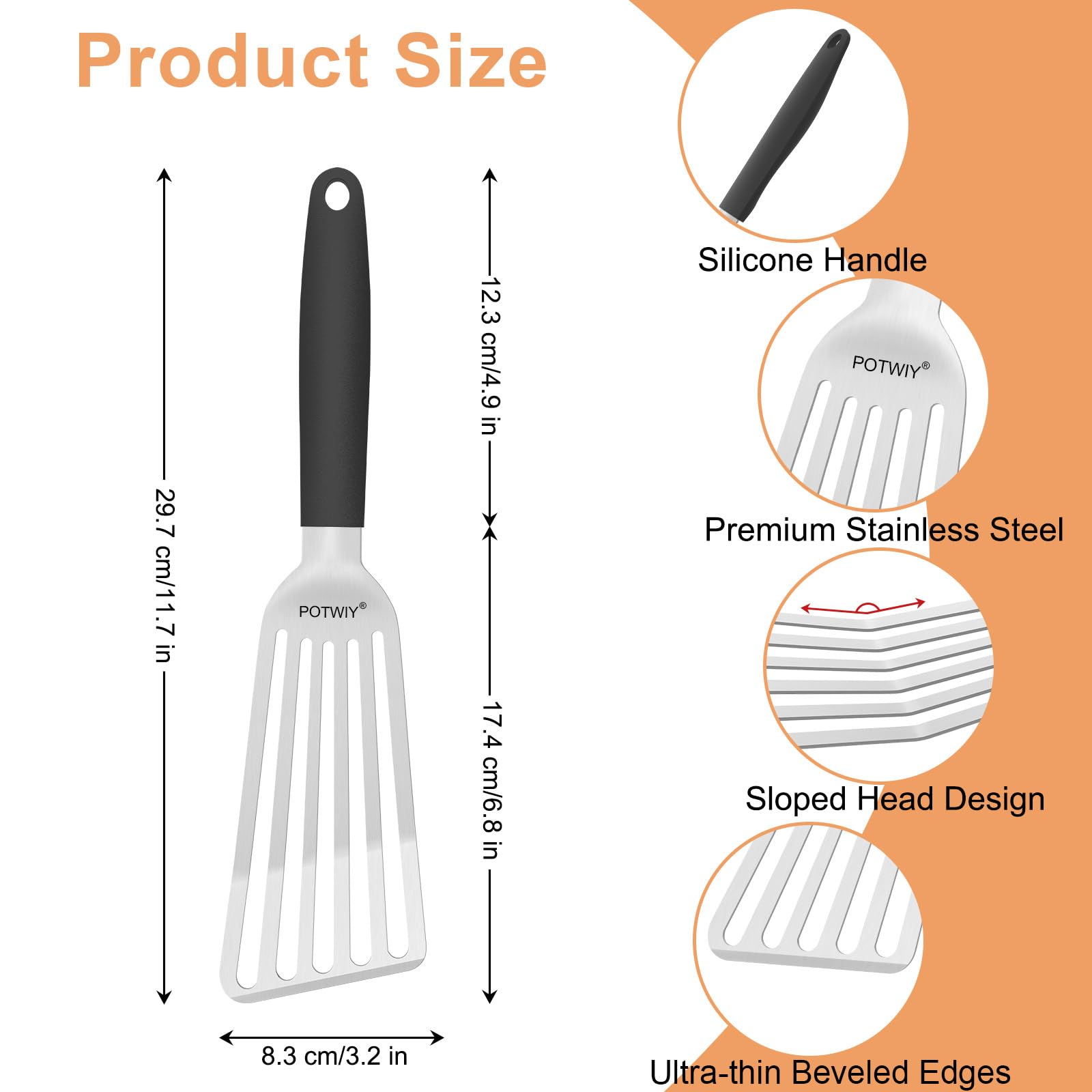 Fischspatel aus Edelstahl, Schlitzwender mit Silikongriff und gebogener Klinge, Metallspatel für Gusseisen-Bratpfanne, Küche, Kochen, Flipper für Fisch, Ei und Burger, 29 cm