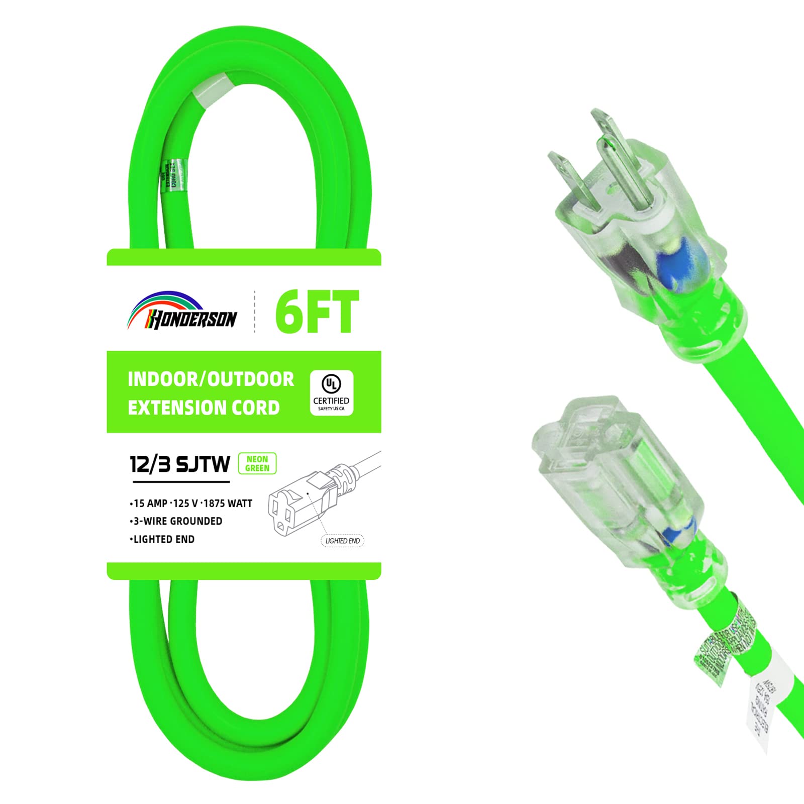 Cable de extensión iluminado para exteriores de 6 pies, 12/3, calibre 12, 3 clavijas, SJTW, resistente, cable de extensión verde neón con enchufe de tierra de 3 clavijas para mayor