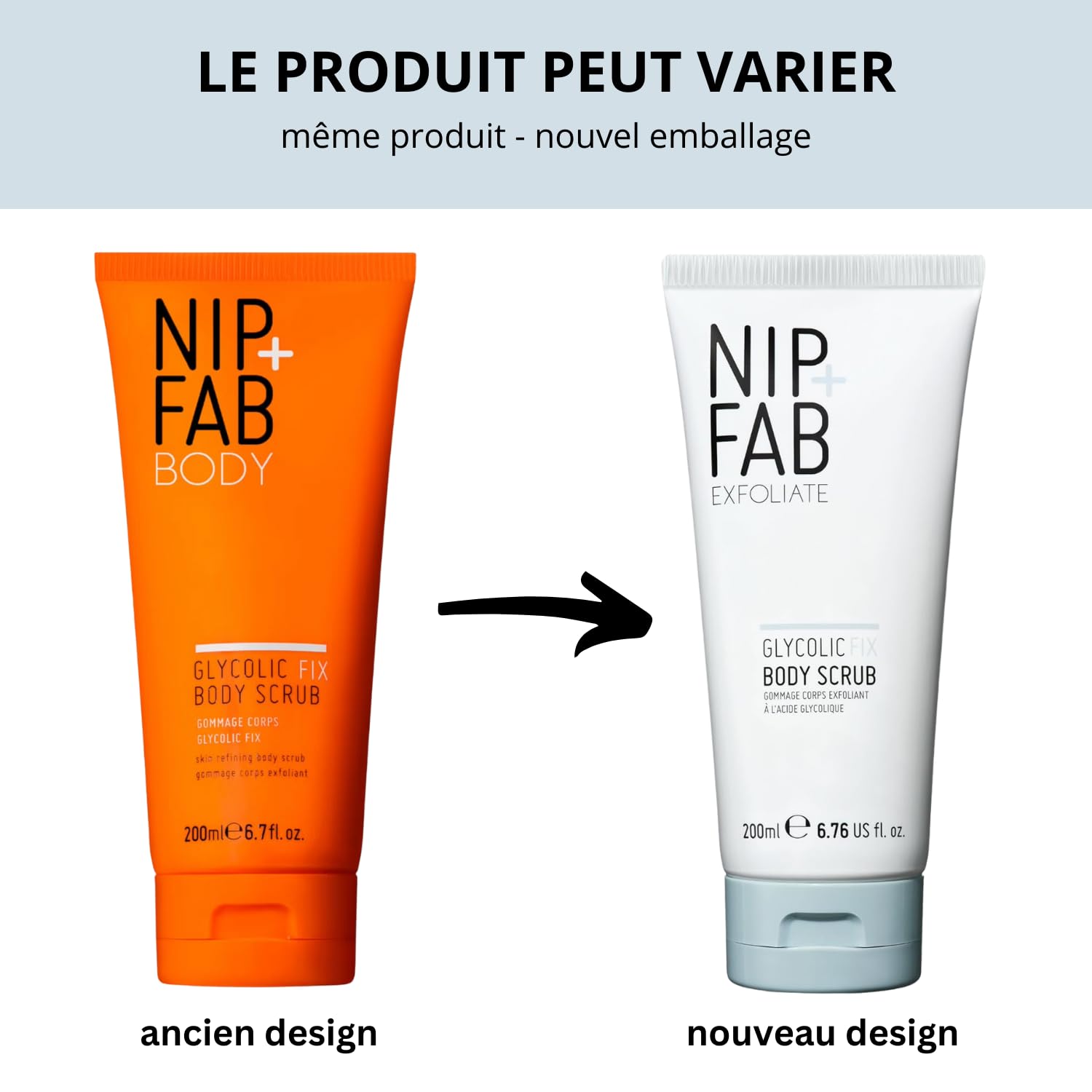 Nip+Fab Gommage Corporel Glycolic Fix, Exfoliant, Doux et éclatant, Perles de Beurre de Karité et de Ricin Blanc, Peau éclaircie et Apaisée, 200 ml