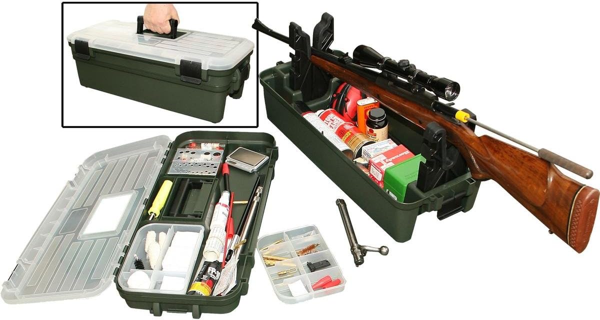 Shooting Range Box, Padded Gun Forks, Lift-out Tray, 25" x 11.5" x 8.75", Green/Clear Lid