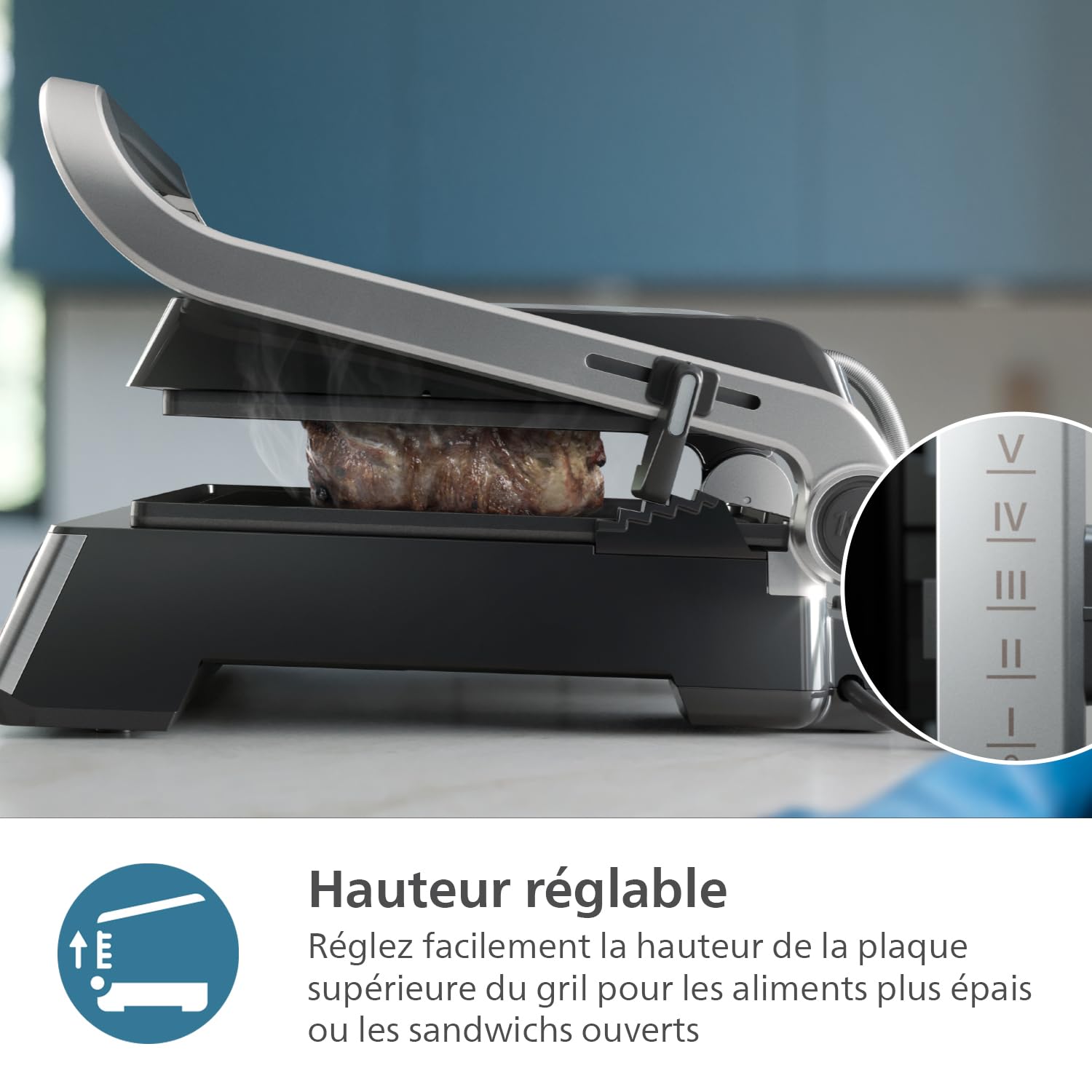 Philips Contact Grill - Température réglable. Grande surface de cuisson et Puissance élevée. Plaques Antiadhésives Amovibles et bac récolteur de graisses. (HD6301/90)