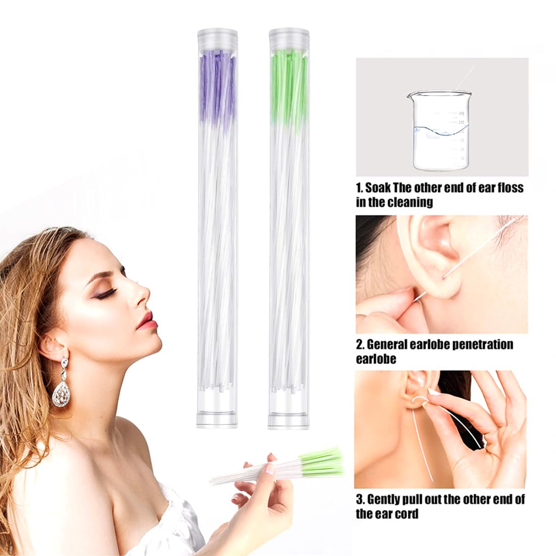 Luokeily Oorbellen Gatenreiniger Floss, Oor Hole Cleaning Tools Wegwerp Piercing Oor Piercing Care Geur Verwijdering Reiniging Tool Draad oor gat Reinigingsdraad 120 stks (roze paars