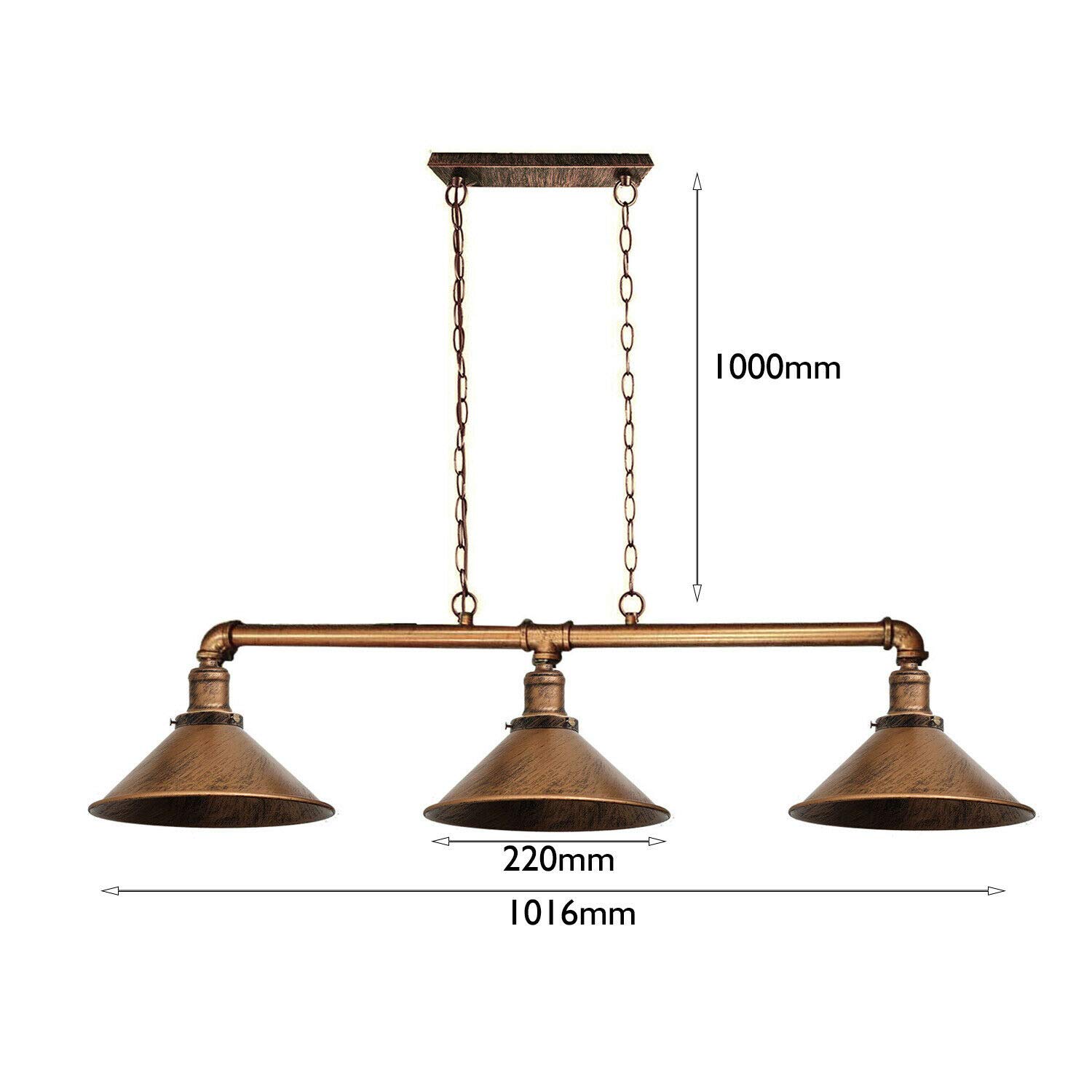LEDSone Industrial 3 Way Vintage Retro Style Steampunk Pipe Light Bar with Lamp Shade Pendant Light Fitting Metal Pipe Lighting Ceiling Light (Geborsteld koper