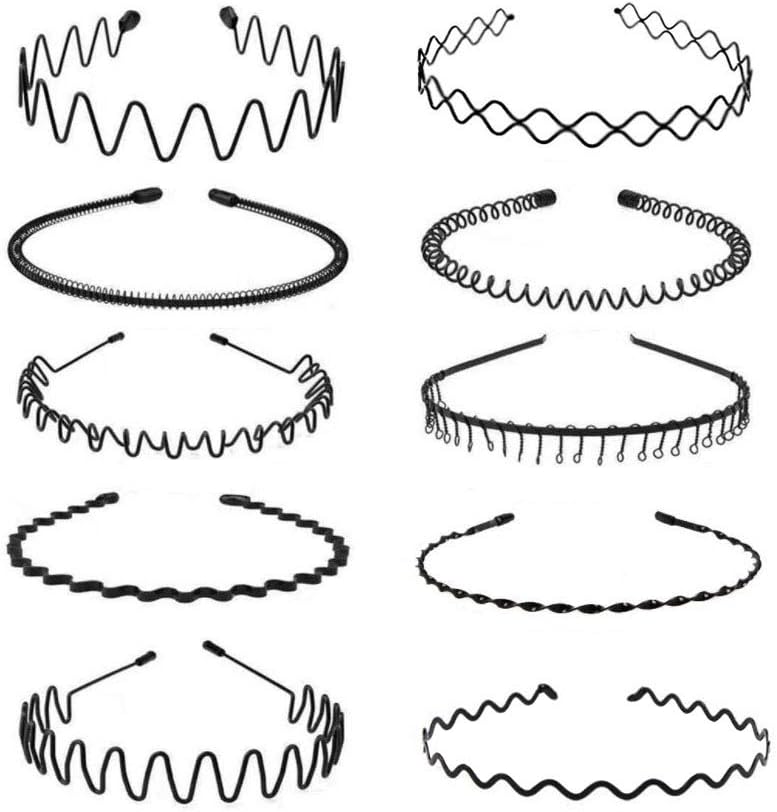 LOVINSHOW 10 Pcs Metal Headbands for Men Women, Simple Fashion Metal Spring Wavy Hair Bands Nonslip Unisex Black Headband Hair Hoods for Home, Outdoor, Sports & Yoga Use
