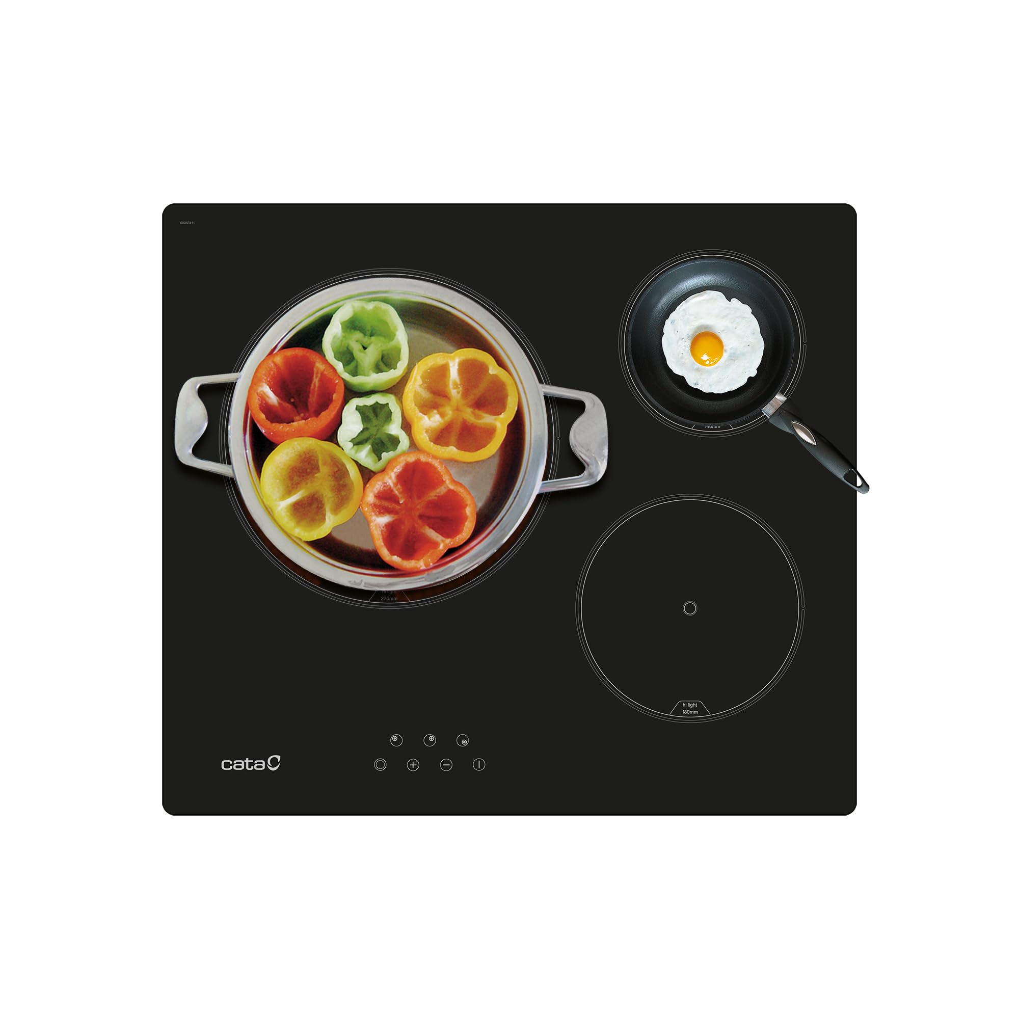 Cata Placa Vitrocerámica TD 6003 BK/A, 3 Zonas de Cocción, High Ligh,t Ancho de 59 cm, 9 Niveles de Potencia Regulables, Control Táctil con Avisador acústico, Potencia 5,4kW, Color Negro