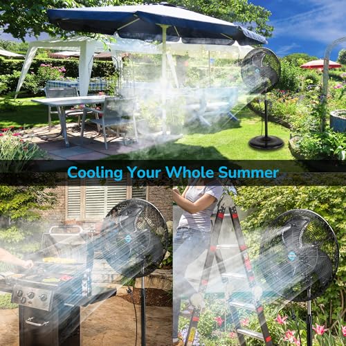 Image of Tornado 20 Inch Outdoor Misting Pedestal Fan, 5250 CFM Oscillating Water-Resistant Fan with 7-Nozzle Misting Kit, 19.69 FT Hose & Brass Adapter for Patio, Garden, Backyard Cooling