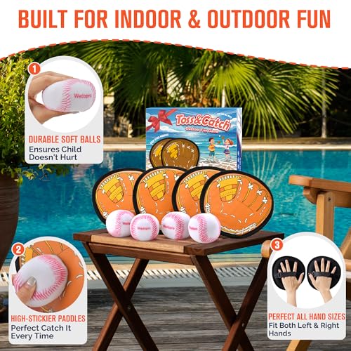 Image of Wedopro Toss and Catch Ball Game, Kids Toddler Baseball Glove & Catch Ball Toys, Kids Outdoor Games for Family, Toys for Beach Yard, Birthday for Ages 3 4 5 6 7 8-12 Year Old Boys Girls (Brown)