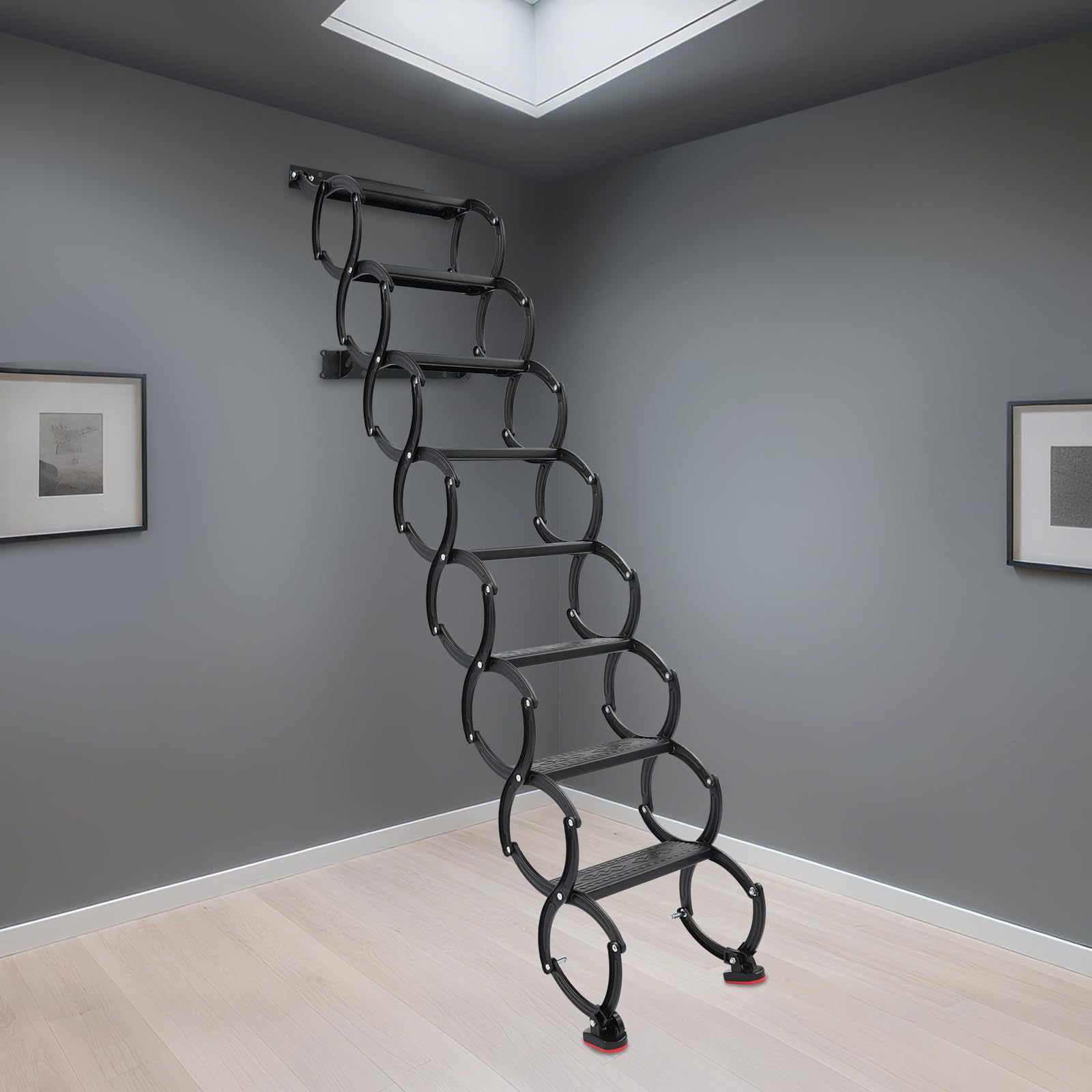 Escalera plegable montada en la pared, escalera desplegable para ático, escaleras de acordeón para desván de 8 peldaños, capacidad de carga por escalón de 200 kg, de suelo a techo 220 cm, para