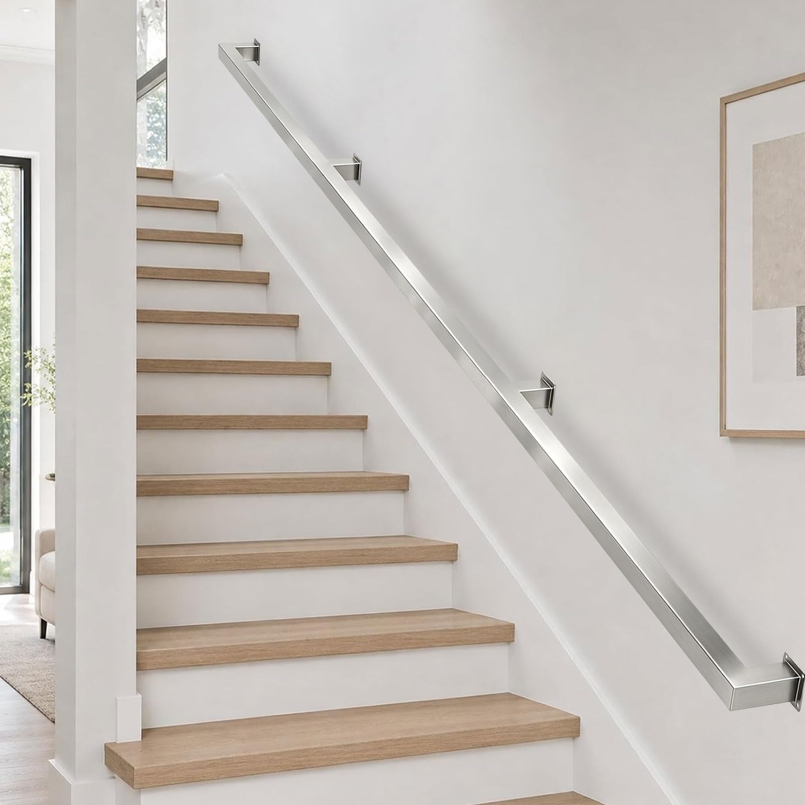 RRrawgff Modern Staircase Handrail Banister, Stainless Steel Square Pipe Stair Railing for Indoor and Outdoor Step, 30cm-600cm Wall Mounted Hand Railing for Home Villa(17ft/510cm)