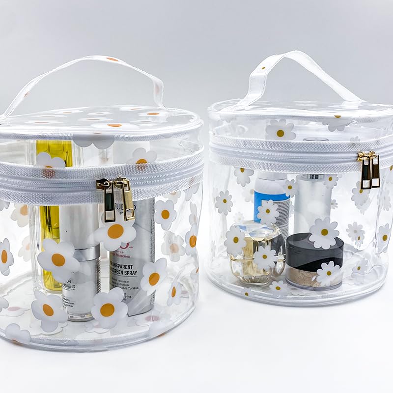 Printed Flowers Clear Cylinder Travel Makeup Bag,Portable Waterproof Pouch with Handle Ideal for Women and Girl (Daisy (D1049-1))4