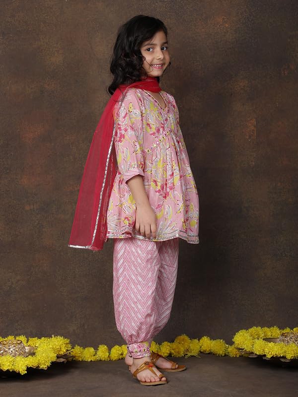 Image of superminis Girls Cotton Floral Printed Kurti Palazzo Style Salwar Set With Net Dupatta Kids Ethnic Wear Set