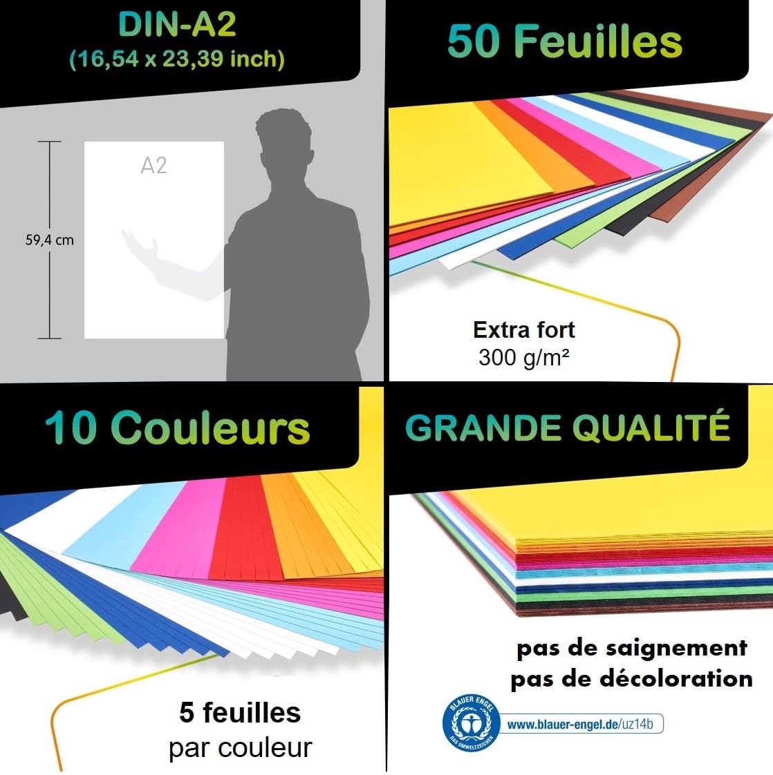 perfect ideaz 50 feuilles de carton photo A2, carton de bricolage, teinté dans la masse, en 10 coloris différents, grammage 300 g/m², feuilles à qualité élevé