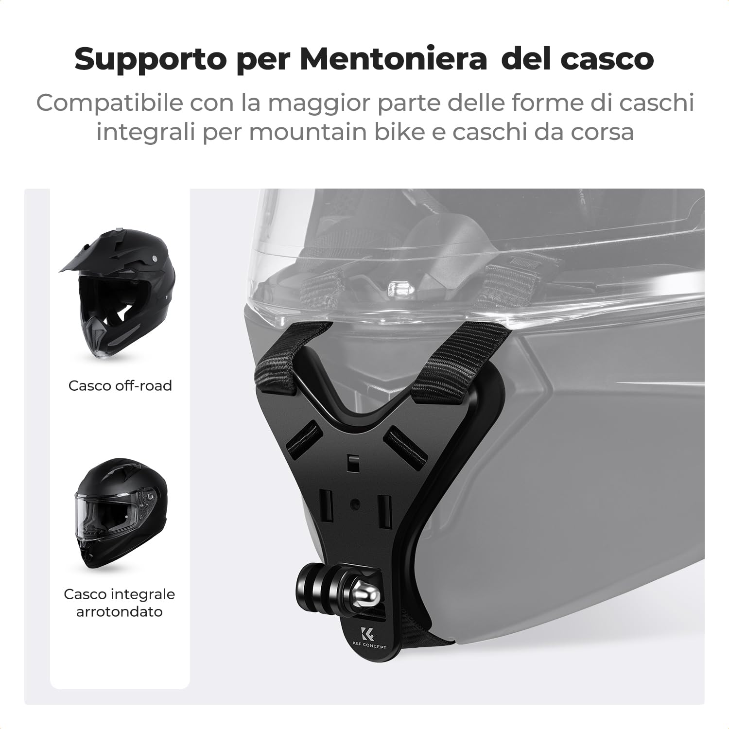 K&F CONCEPT Supporto per Casco Moto da Mento, compatibile con GoPro Hero 13/12/11/10/9/8/7, DJI Osmo Action 5 Pro/4/3/360, Insta 360 Ace Pro/2/X5/X4/X3, AKASO, dotato di base a Y, Silicone antiscivolo