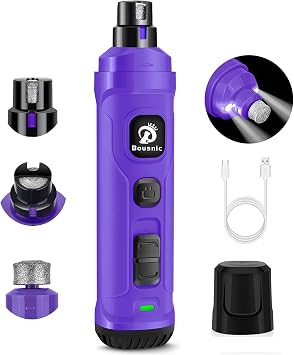 BOUSNIC Dog Nail Grinder with 2 LED Light - Super Quiet Pet Nail Grinder Powerful 2-Speed Electric Dog Nail Trimmer File Toenail Grinder for Puppy Small Medium Large Breed Dogs & Cats Purple