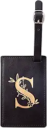 Etiqueta de bagagem personalizada com inicial de couro sintético para mala de viagem, etiqueta de bagagem com etiqueta de identificação de capa de privacidade total (preto/dourado, P)