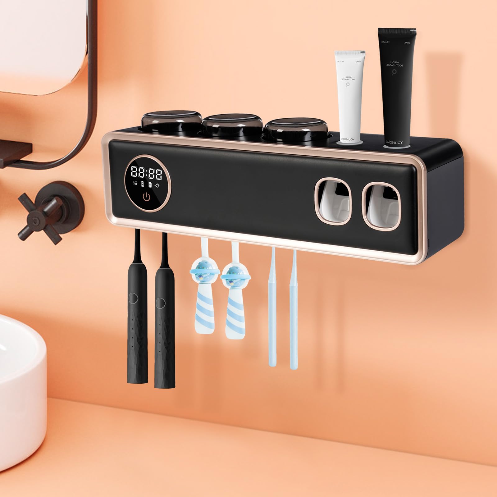 Supporto per spazzolini da denti a parete, supporto per spazzolino da denti UV, supporta sia modalità a batteria che plug-in, distributore automatico di dentifricio da parete per il bagno (nero)