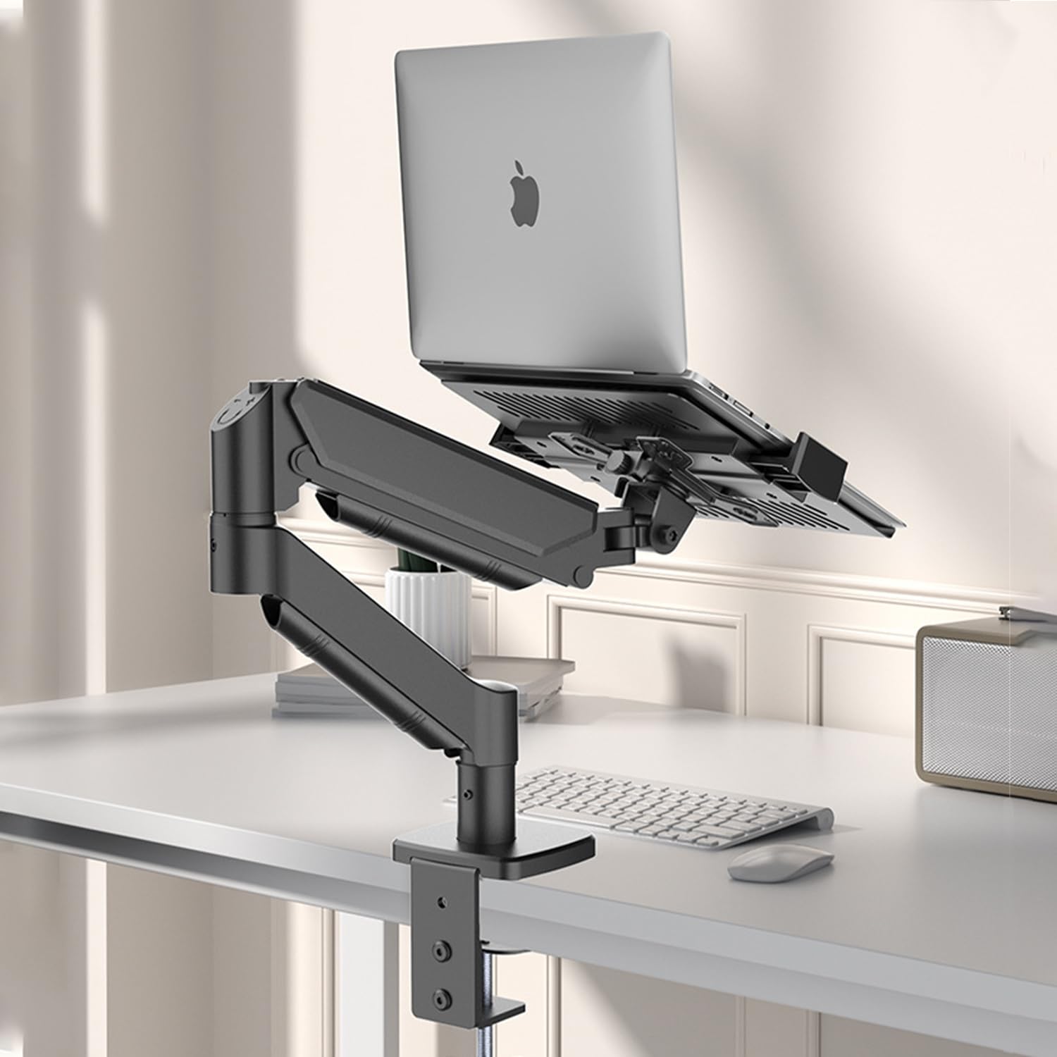 Braccio Monitor Scrivania,Supporto Per Monitor 2 In 1 Con Vassoio, Capacità Fino a 10 Kg, Altezza Regolabile,Compatibile Con Laptop Fino a 17 Pollici, Braccio Per Scrivania Con Morsetto/Foro,nero