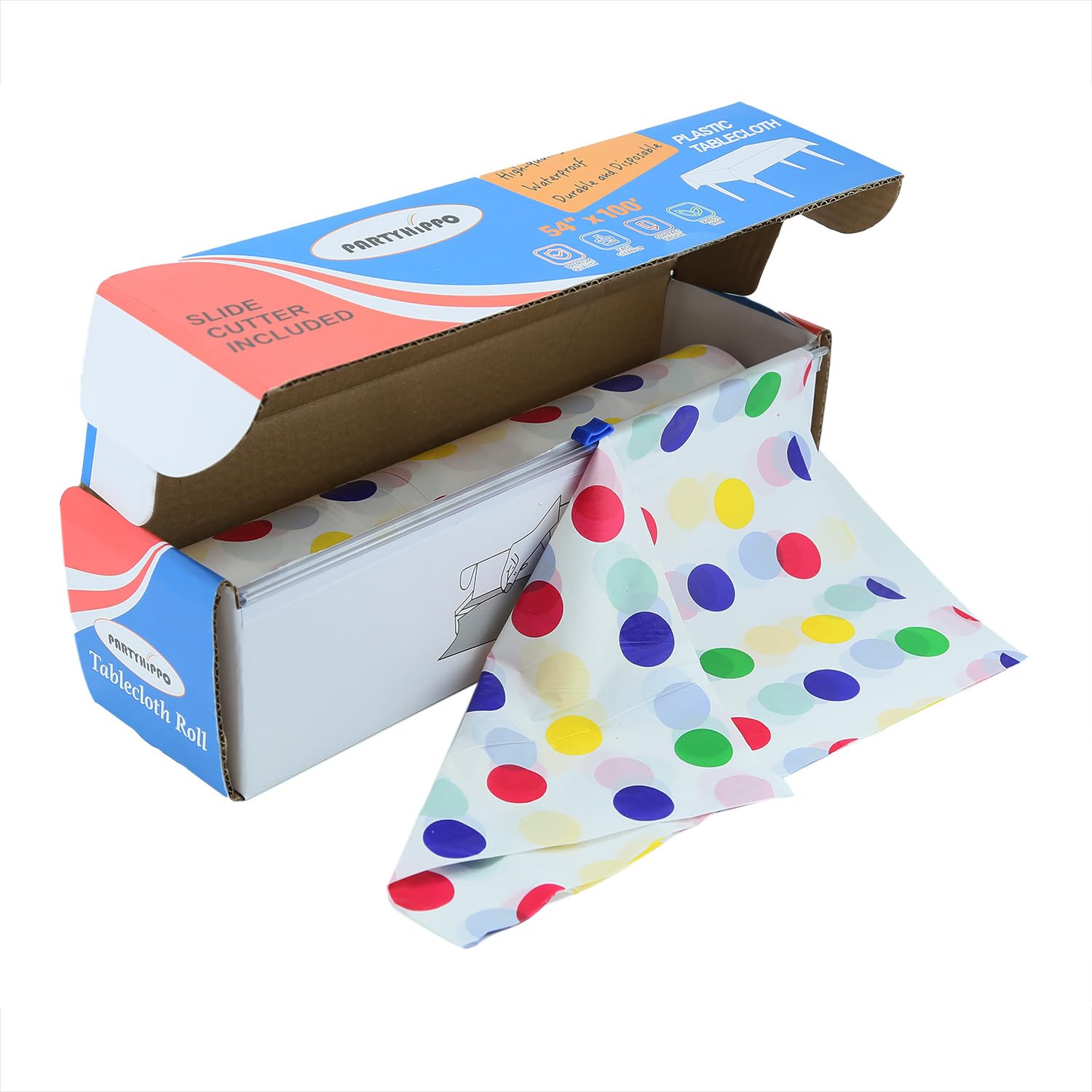 Kunststoff-Tischdeckenrolle, 137,2 cm x 254 m, Einweg-Tischdecken für Partys, Einweg-Tischdecken für Partys, mit Schneidebox, zuschneidbar, Einweg-Tischdecke für rechteckig und rund, Bunte