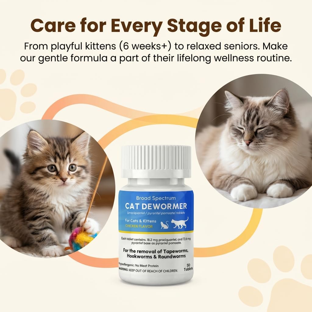 Dewormer for Cat and Kittens, Broad Spectrum Praziquantel & Pyrantel Pamoate Tablet, Removal of Tapeworms, Hookworms & Roundworms, Effective and Fast (50 Tablets)