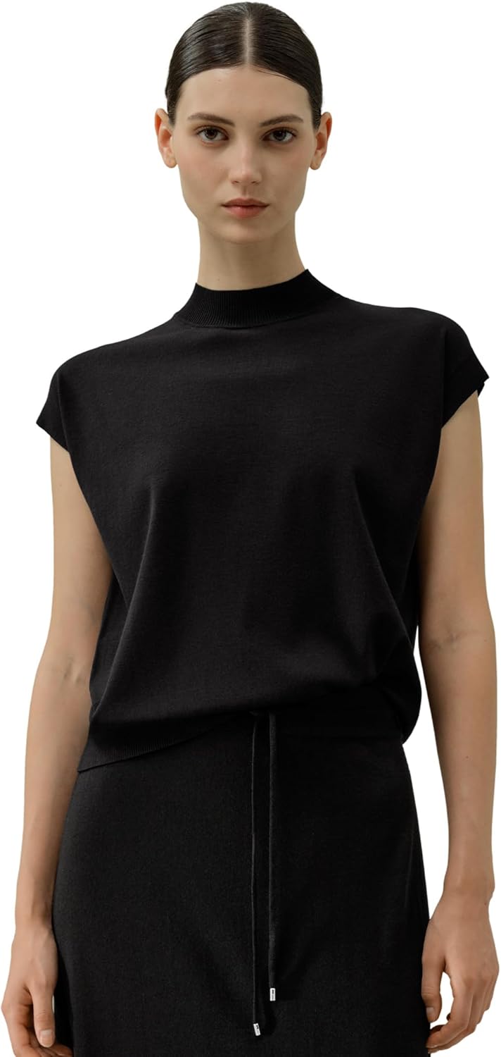 LilySilk Silk Cotton Blend Sweater Short Sleeve Mock Neck Ribbed Hem Pullover Women Sweater