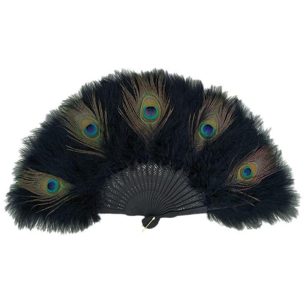 Abanico de plumas de pavo real plegable hecho a mano, decoración de boda, fiesta, baile, cosplay, ventilador portátil (azul)