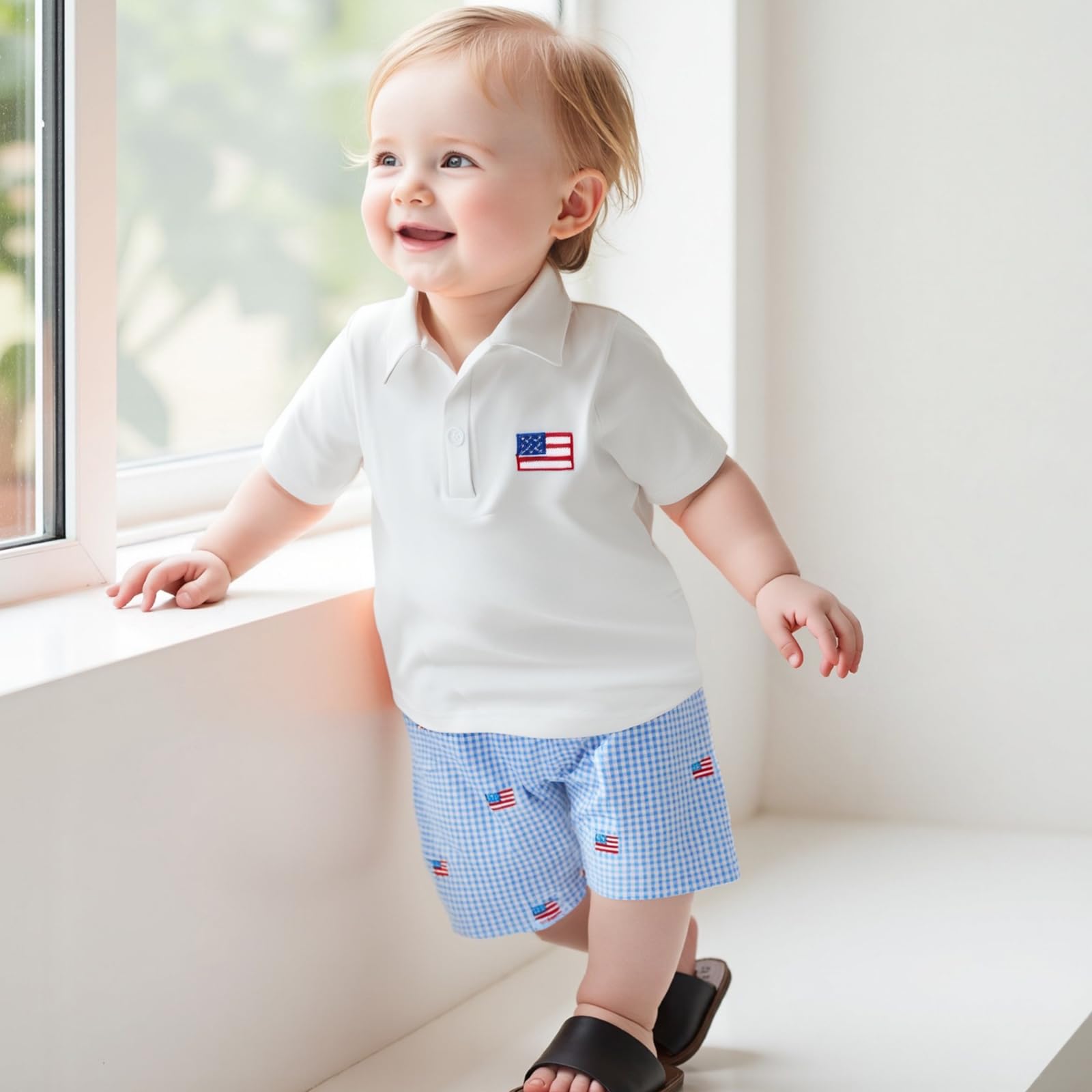 4th of July Baby Boy Outfit American Flag Shirt Toddler Polo Shirt Plaid Shorts Set Fourth of July Baby Boy Outfit(B-White Flag,6-12 Months)