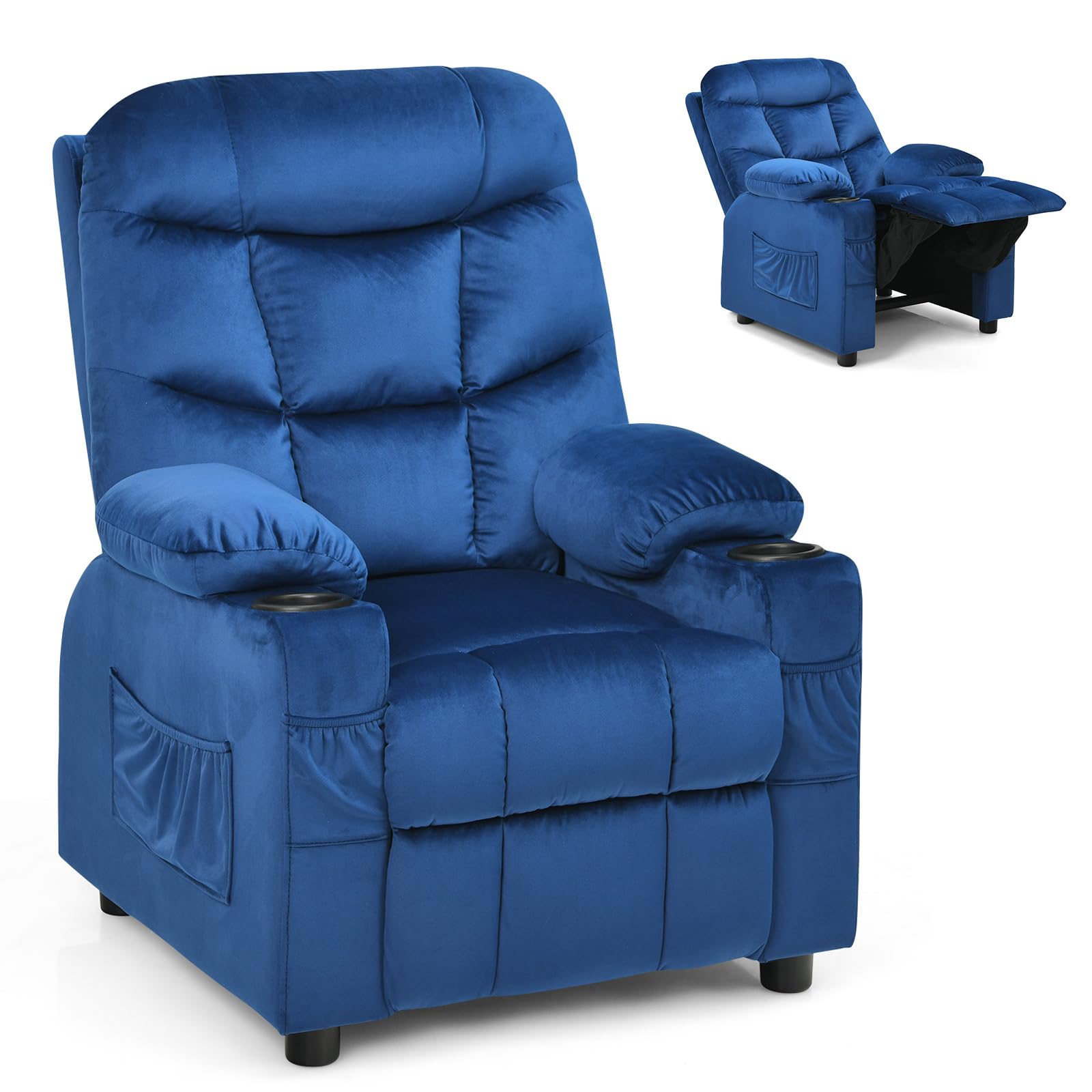 Kids Recliner, Velvet Fabric Kids Recliner Chair w/ 2 Cup Holders