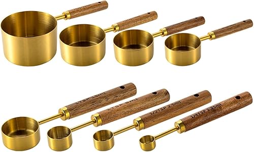 JASHII Juego de 8 tazas y cucharas medidoras doradas con mango de madera de acacia, herramientas de cocina de acero inoxidable para cocinar hornear