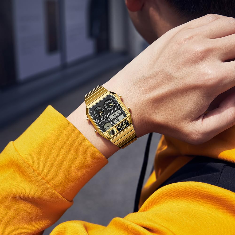 MASTOP Quadratische Retro-Digitaluhr mit Temperaturanzeige, Unisex, 19,1 cm, analog, 3 Zeitzonen, leuchtende Hintergrundbeleuchtung, 50 m wasserdicht, Wecker, Stoppuhr, Woche/Datum, Goldweiß