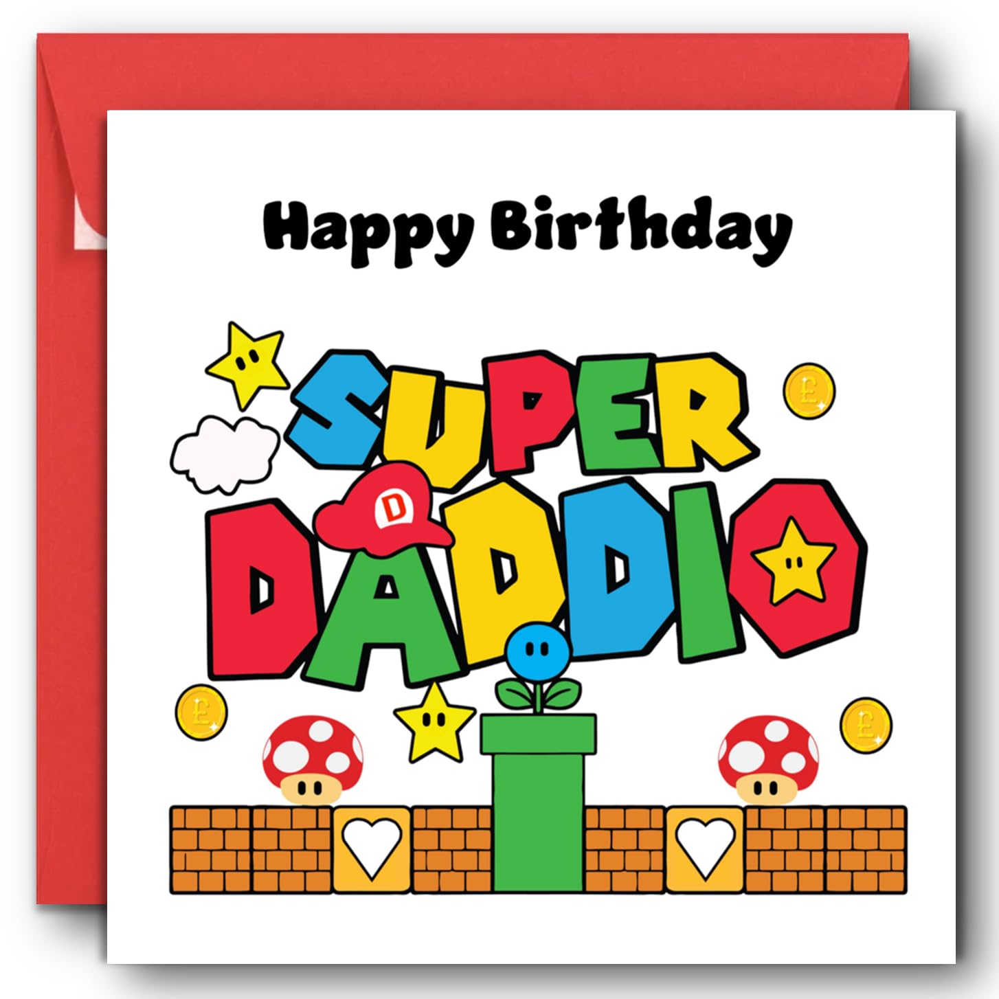 Printperfect daddy birthday cards, happy birthday daddy Mario inspired, funny daddy cards from son or daughter super daddio (Red Envelope)