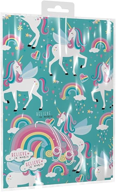 Giftmaker Childrens Unicorn and Rainbow Design Wrapping Paper Inc 2 Sheets & 2 Tags