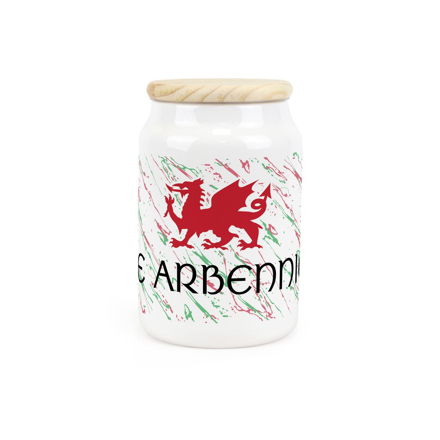 Purely Home Welsh Dragon Ceramic Herbal Tea Storage Canister - Te Arbennig Wales Souvenir Themed Kitchen Food Storage Container & Wooden Lid 600ml (14.5cm x 9.5cm)