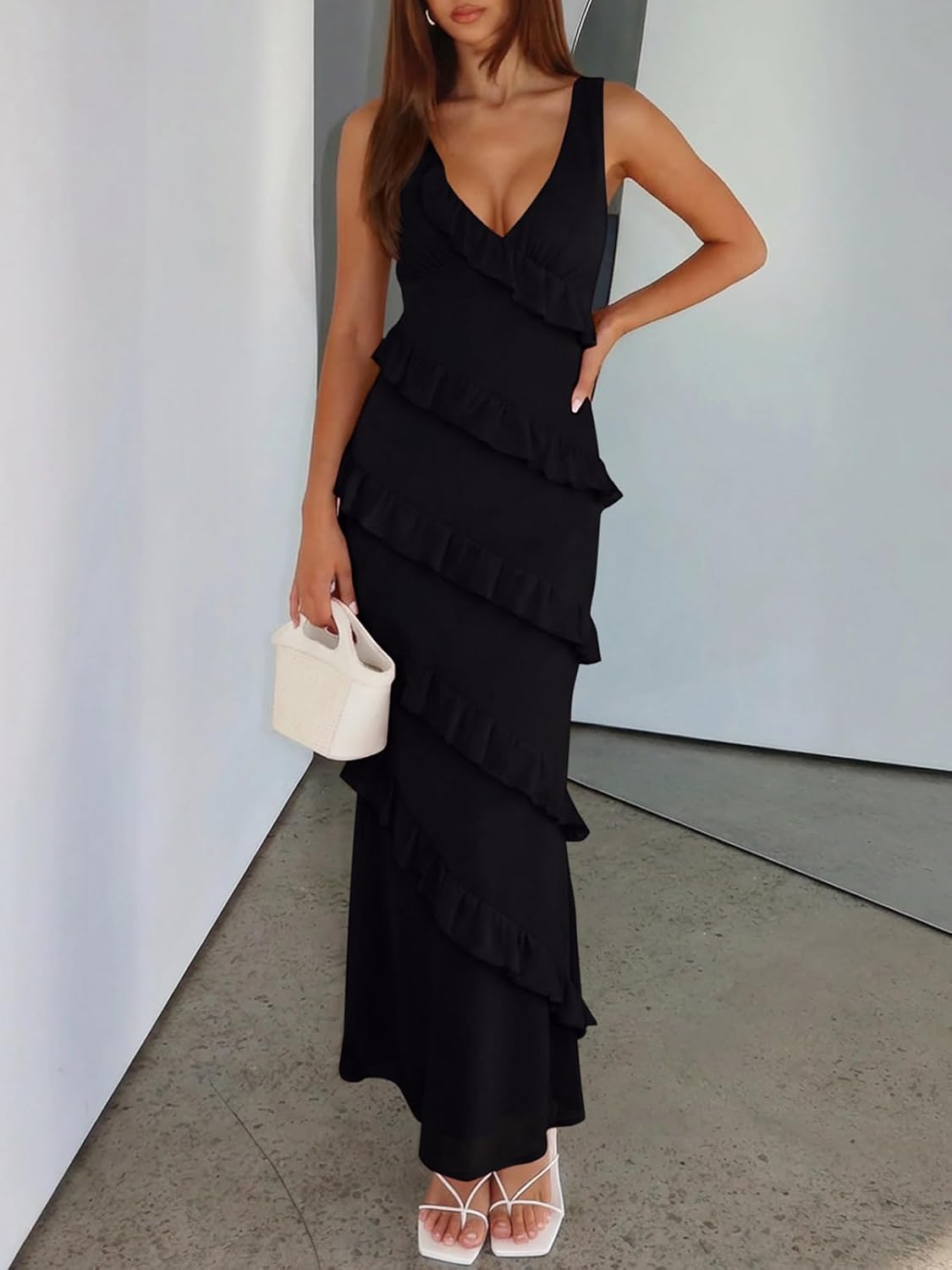 Womens Sexy V Neck Mesh Maxi Cocktail Dresses Elegant Ruffle Backless Bodycon Wedding Guest Party Long Dress