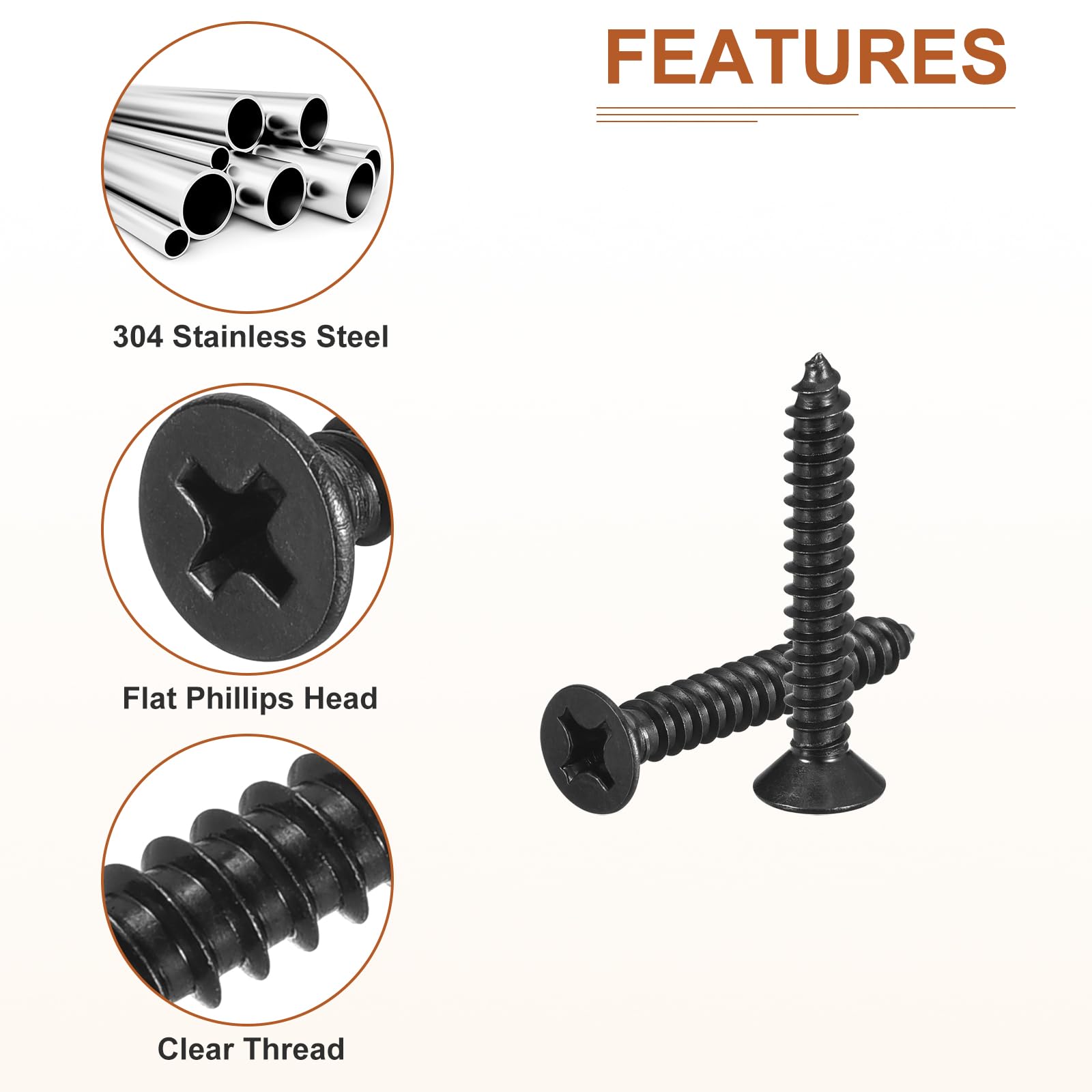 DTGN 100Pcs #12x1-1/2" Flat Head Wood Screws, 304 Stainless Steel Phillips Self Tapping Screws - Good for Woodworking Furniture - Black - Image 4