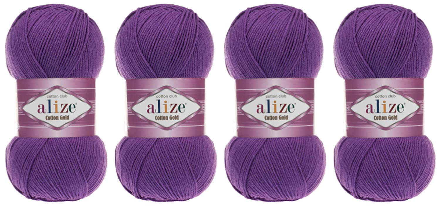 55% Cotton 45% Acrylic Yarn Alize Cotton Gold Thread Crochet Hand Knitting Art Lot of 4skn 400 gr 1444 yds (44-Purple)