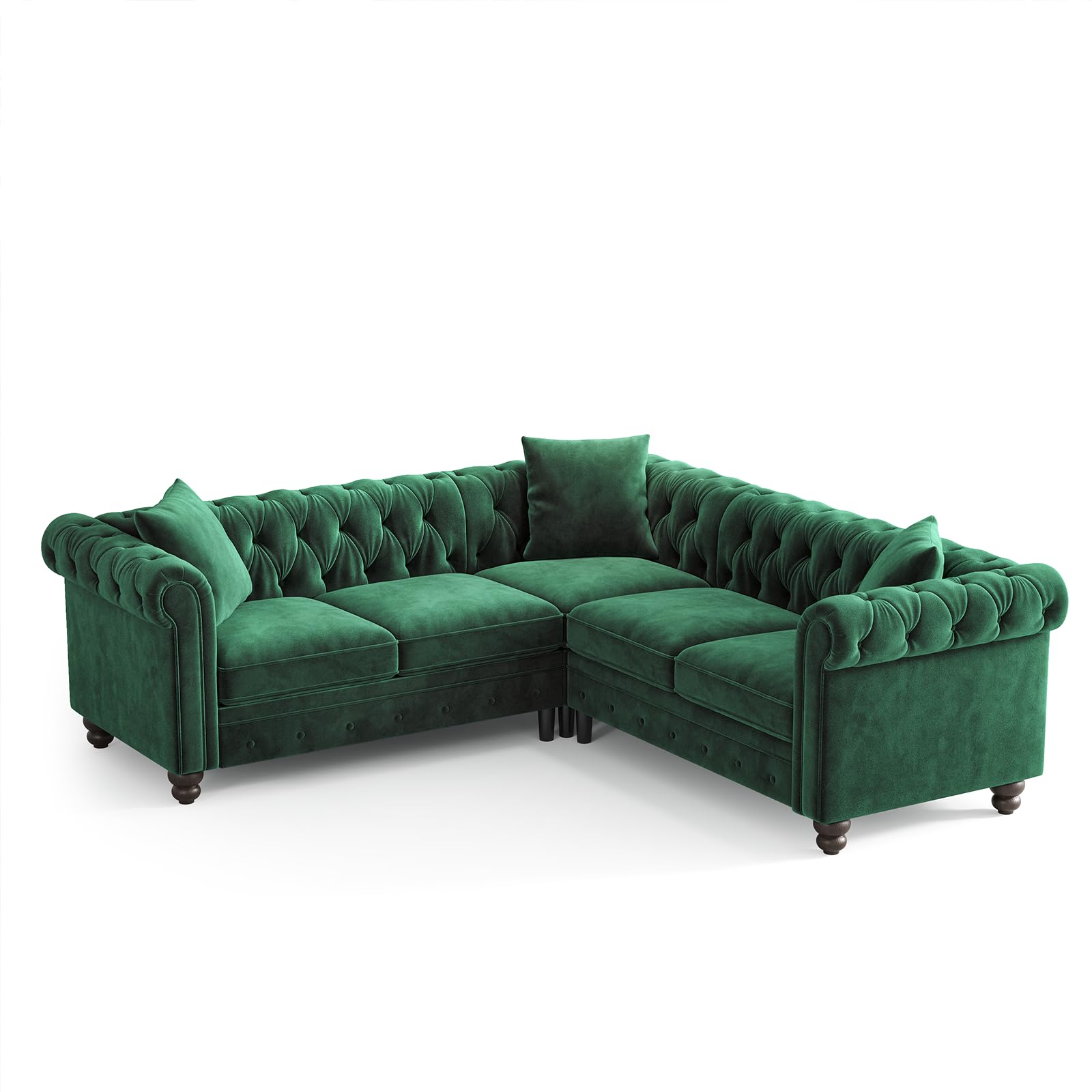Velvet Chesterfield Sofa, L Shaped Sectional Sofa with Tufted Back & Rolled Arms, 3 Throw Pillows, Small Corner Sectional Couch for Living Room, Apartment, Green