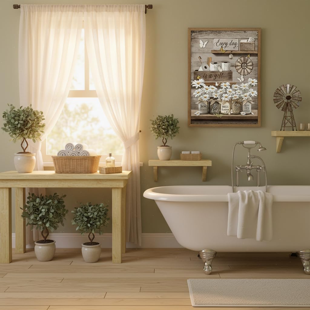 Clicyre Farmhouse Bathroom Wall Art, Rustic Daisy Mason Jar Canvas Print, Country Inspirational Quote Floral Wall Decor for Bathroom Laundry Room Powder Room Wood Framed 16x24 Inch