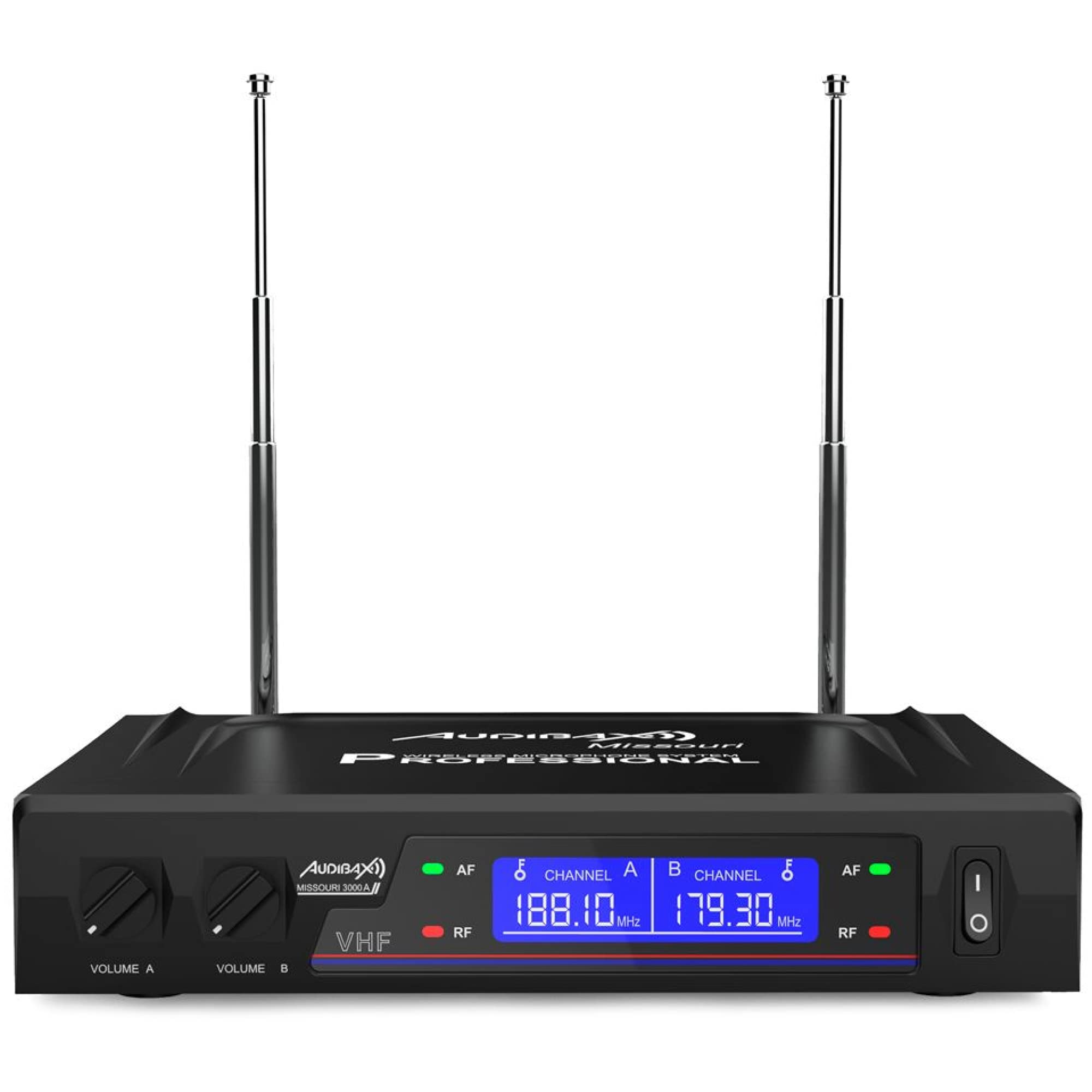 Audibax - Missouri 3000 - podwójny profesjonalny mikrofon radiowy - zestaw z 1 mikrofonem ręcznym i 1 pakietem paska na głowę/szyję - zasięg 80 metrów - włącznik/wyłącznik - baterie AA