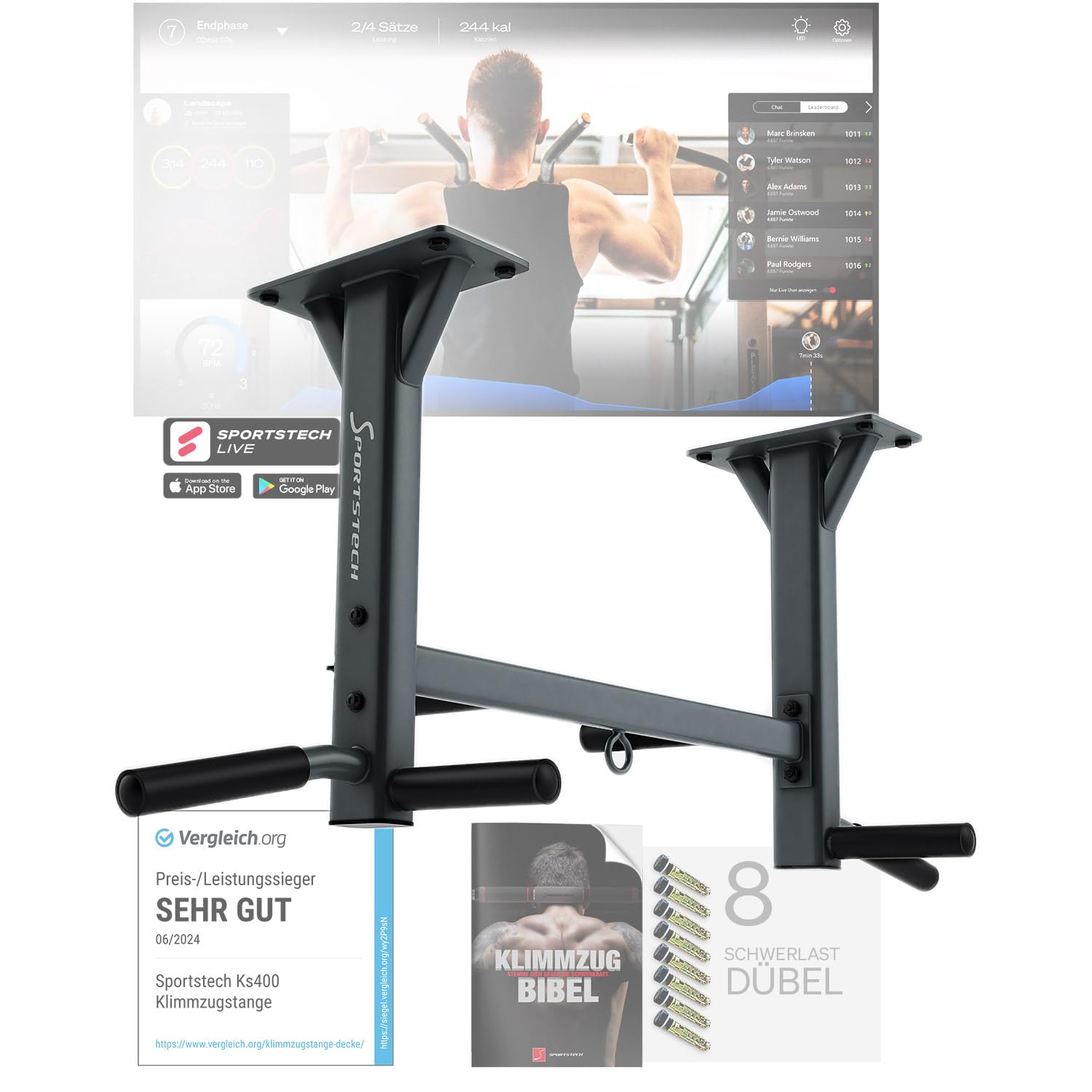 Sportstech KS400, 4in1 Klimmzugstange Decke, Pull Up Bar für Zuhause bis 300 kg, 6 rutschfeste Griffe, Klimmzugstange Deckenmontage mit Boxsack Halterung und Ösen für Schlingentrainer, Reckstange