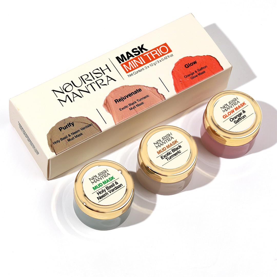 Nourish Mantra mask Mini Trio Face Care Kit | Holy Basil & Neem Vardaan Mud Mask, Exotic Black Turmeric Mud mask, Orange & Saffron Avanda Glow | for Rejuvenated & Glowing Skin (12g each)
