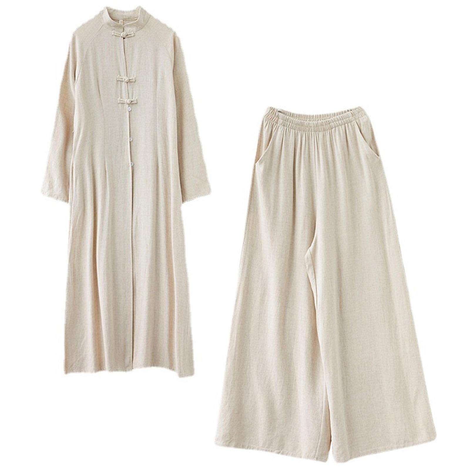 Tai-Chi-Anzug für Damen, Traditionelle Chinesische Zen-Meditationsuniform, Baumwolle und Leinen, Lange Ärmel, Kung Fu für Kampfsport, Qigong,Beige-XXL