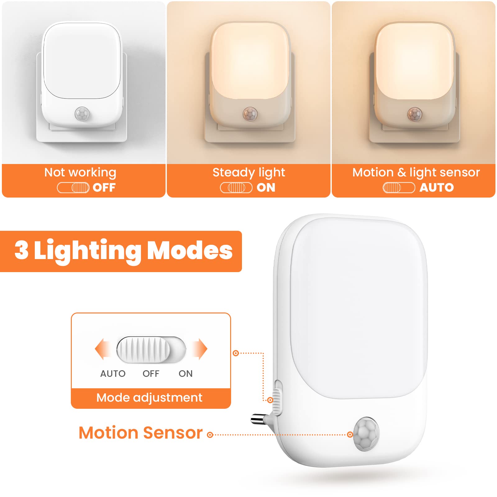 Luz Nocturna Infantil, 2 Piezas Luz Noche Enchufe con Sensor de Movimiento, 5 Niveles de Brillo 3 Modos de Iluminación para Dormitorio, Escalera, Pasillo, Cocina, Sala