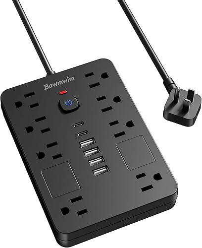 Regleta protectora de sobretensiones, 8 tomas de corriente (1850 W15 A) con 6 puertos USB (2 USB C, cable de extensión de enchufe plano de 6 pies,