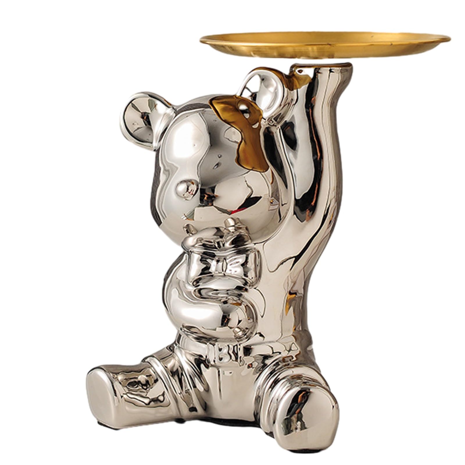 YIQIYOU Key Storage Small Tray Resin Polar Bear Sculpture with Metal Tray Animal Figurine Ornament Standing Statue Candy Jewelry Organizer for Table,Desk Holder Decor (Color : Silver B)