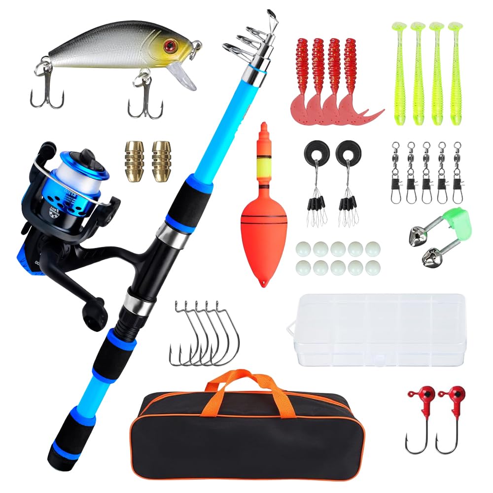 SKIKHN Kids Fishing Rod, Kids Fishing Pole with Spinning Reels and Fishing Accessories, 45cm-180cm Telescopic Fishing Rod and Reel Set with Carry Bag for Surf Saltwater, for Youth Beginner