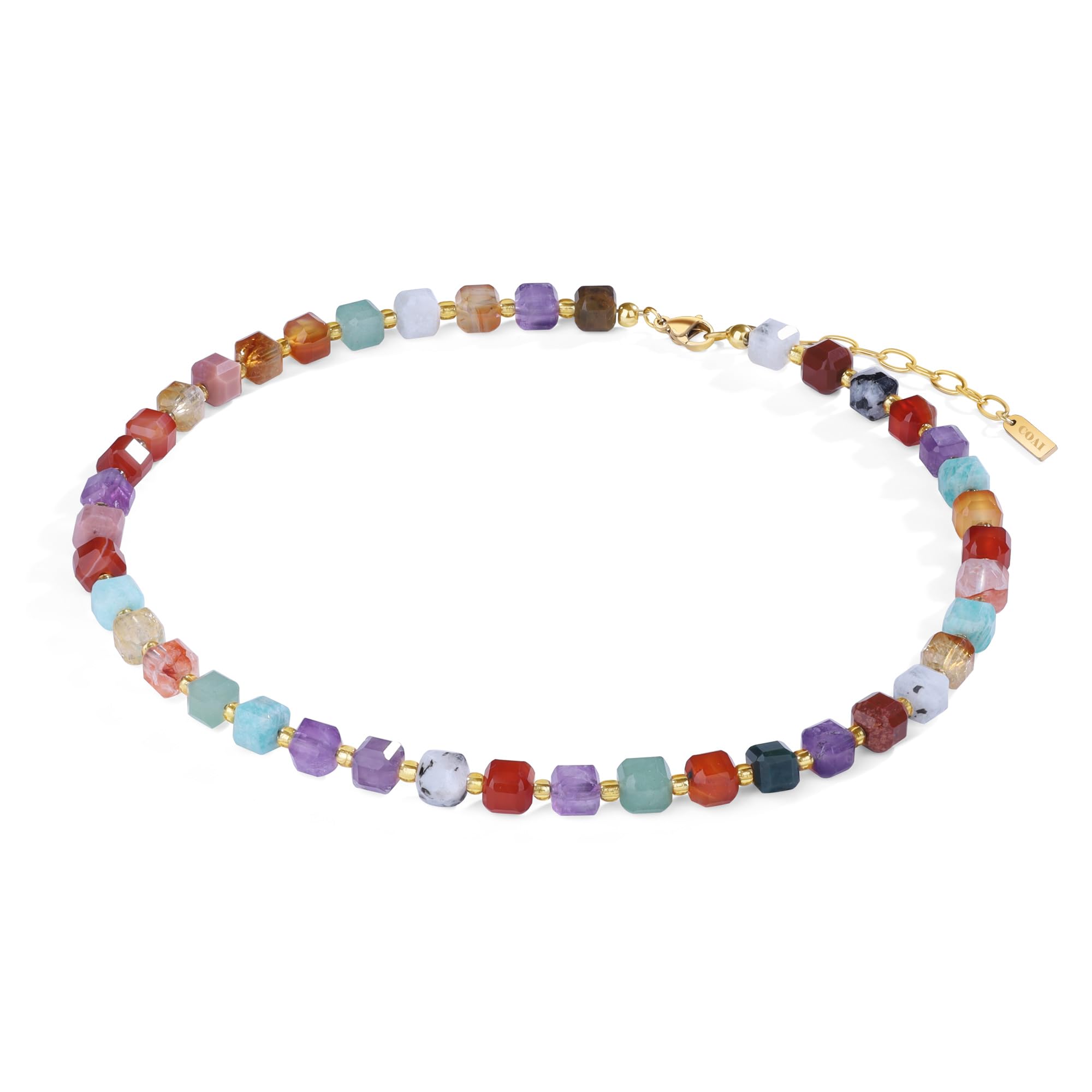 COAI Collana da Donna con Pietre Chakra, Collana di Perline Colorate Quadrate di Cristalli Naturali