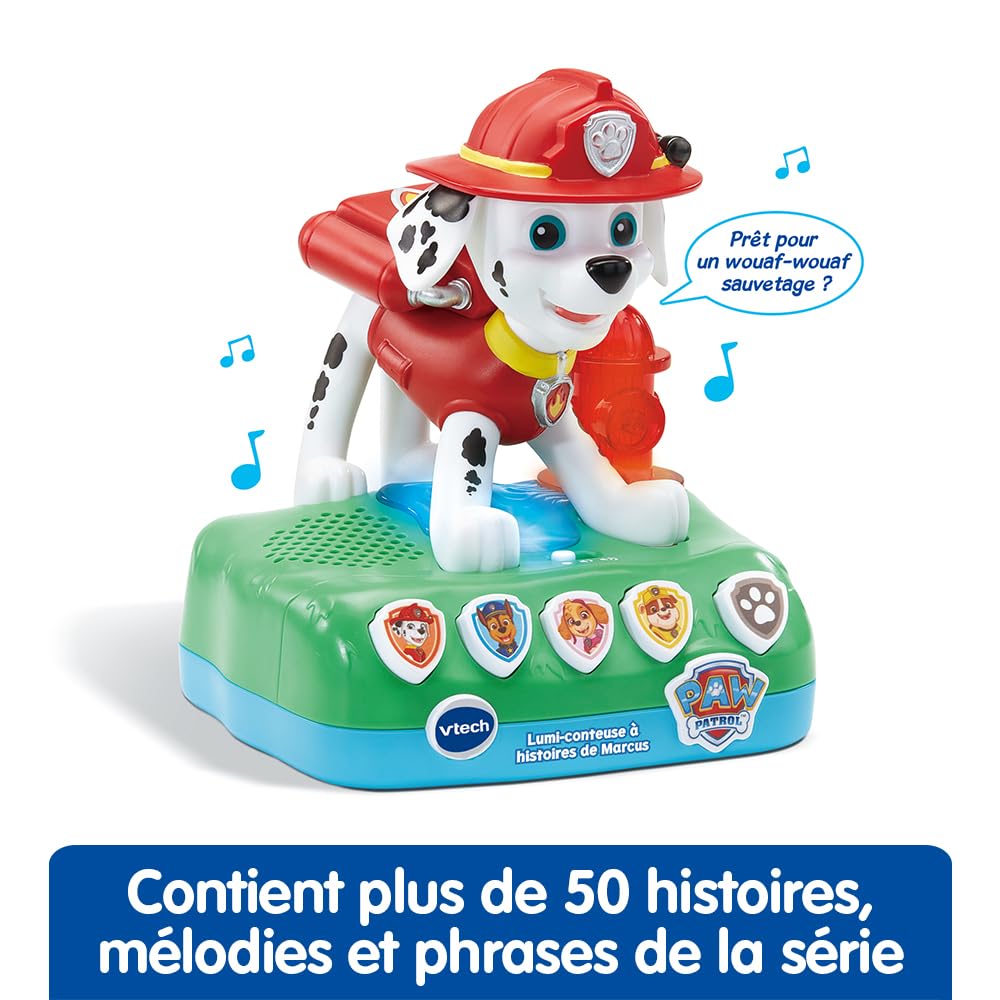 VTech - Pat' Patrouille, Lumi-Conteuse à Histoires de Marcus, Boîte à Histoires Veilleuse, Jouet Interactif et Musical Paw Patrol avec 4 Jeux, Cadeau Enfant de 3 Ans à 7 Ans - Contenu en Français